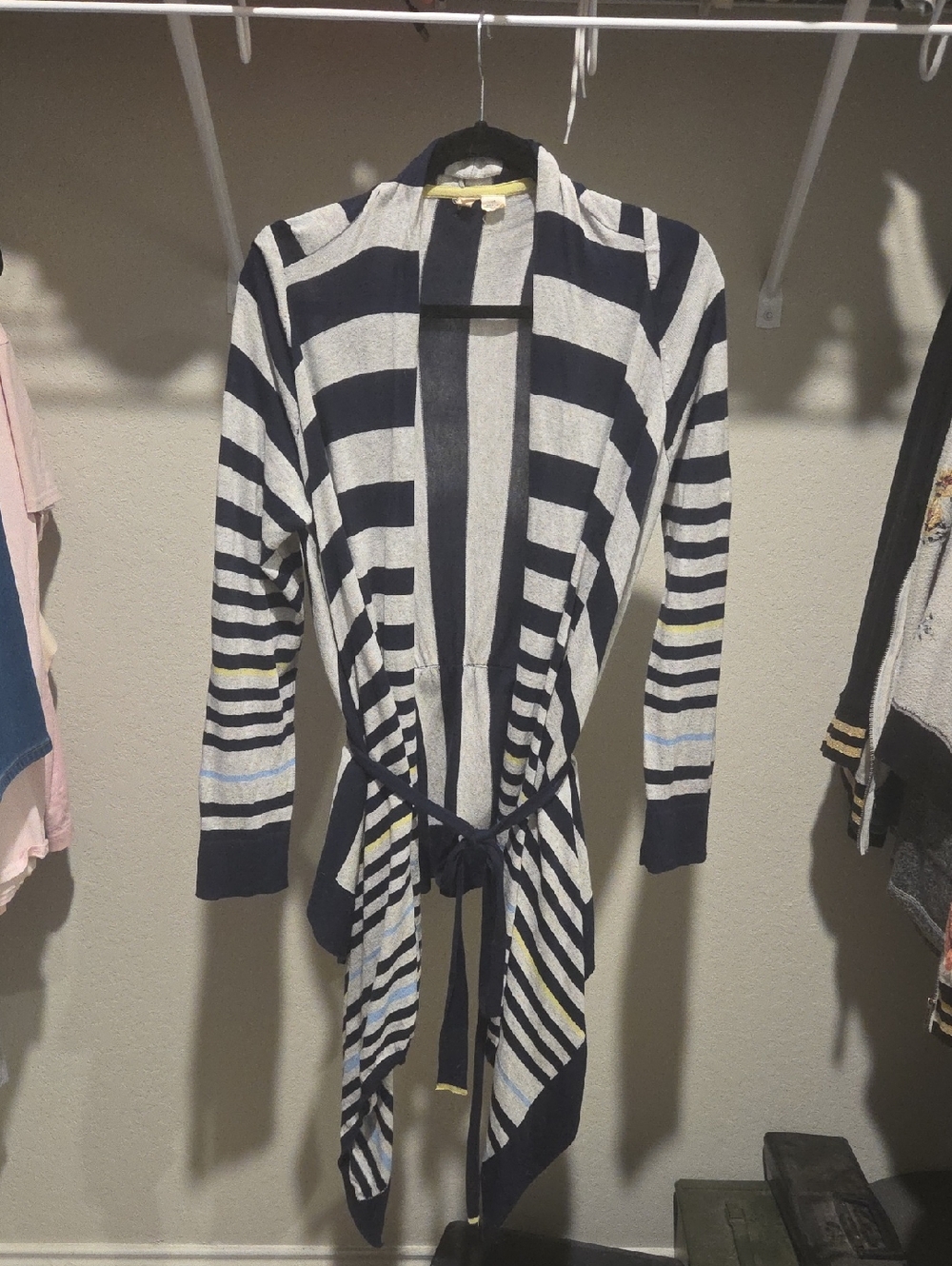 Moth Navy and Cream Striped Asymetrical  Tie-Waist Cardigan